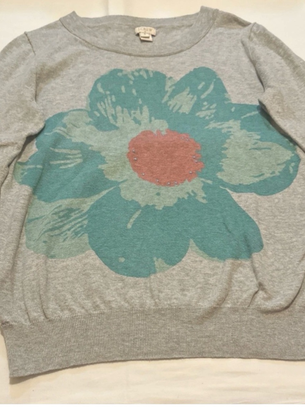 J. Crew Light Gray Crewneck Sweater with Teal Floral and Coral Center
